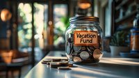 Glass jar filled with coins and labeled vacation fund on wooden table with blurred cafe interior background, symbolizing travel savings and financial planning.