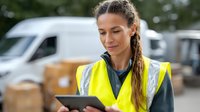 Young Hispanic female warehouse worker in safety vest checking digital tablet while managing inventory in outdoor logistics area with cardboard boxes and delivery van.