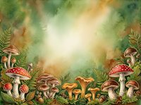 Enchanted forest floor with red and golden mushrooms, ferns, and glowing light creating magical woodland atmosphere for fantasy and nature designs.