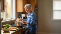 Senior Caucasian woman cooking healthy meal in modern kitchen, stirring pot on stove with fresh vegetables nearby, warm natural lighting creating cozy atmosphere.