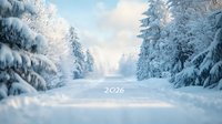 Magical winter forest path covered in fresh snow with 2026 text, frost covered pine trees and soft morning light creating dreamy atmosphere.
