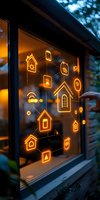 Glowing orange smart home network icons and house symbols interconnected on window glass at dusk, creating modern IoT visualization concept.