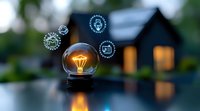 Glowing lightbulb with digital innovation icons floating above, blurred modern house background creates atmospheric scene of smart home technology and creative ideas.