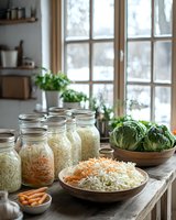 Fermented vegetables and cabbage preparation with glass jars, shredded carrots and fresh ingredients on rustic wooden table near bright window with herbs.
