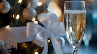 Elegant champagne flute with sparkling wine against blurred Christmas decorations background with silver ornaments and white bow creating festive atmosphere.