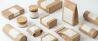 Eco-friendly kraft paper packaging collection with blank labels for branding, perfect for sustainable business shipping and retail product presentation.