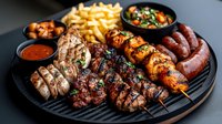 Grilled meat platter with assorted skewers, sausages, french fries, and dipping sauces on black plate, perfect for sharing at barbecue gatherings.
