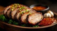 Juicy sliced pork tenderloin with crushed pistachios, served on dark wooden board with spicy sauce, garlic and fresh herbs. Gourmet restaurant dish.