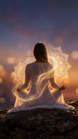 Woman meditating at sunset with glowing mandala energy and magical light effects for spiritual wellness and mindfulness concepts.