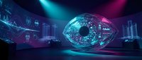 Futuristic cyberpunk surveillance room with giant geometric eye hologram, neon blue and pink lights, digital data screens, AI monitoring concept.