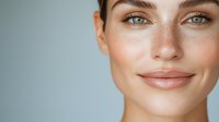 Young woman with freckles and natural makeup smiling at camera against light blue background, showcasing fresh glowing skin and bright eyes for beauty and skincare.