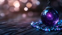 Magical glass ornament with purple spiral pattern reflecting cosmic swirl inside, surrounded by blue beads on dark wooden surface with dreamy bokeh background.