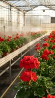 Red geranium flowers blooming in commercial greenhouse nursery with rows of potted plants on wooden benches for horticultural production and gardening.