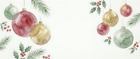 Watercolor Christmas ornaments and holly berries frame with pine branches on cream background for holiday greeting cards and seasonal decorations.