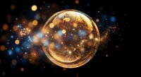 Golden glowing sphere with sparkling particles and bokeh lights creating magical cosmic atmosphere against dark starry background for fantasy designs.