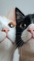 Close-up portrait of two cats faces, black and white bicolor, showing matching pink noses and whiskers against light background, symmetrical composition.