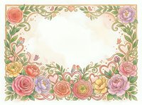 Ornate floral frame with roses, peonies, and botanical scrollwork in pink, purple, and yellow tones on cream background. Isolated design element.