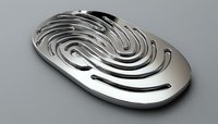 Metallic oval platter with modern swirling pattern design features polished chrome finish and flowing curved cutouts on gray background, suitable for luxury tableware.