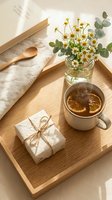 Cozy morning scene with herbal tea, dried orange slices, chamomile flowers in glass jar, wrapped gift and wooden spoon on bamboo tray for relaxation moments.