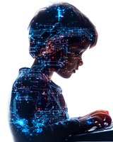 Double exposure silhouette of young Asian boy typing on keyboard overlaid with glowing blue and red circuit patterns representing digital technology and AI learning.