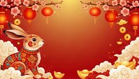 Festive rabbit in traditional ornate costume with red lanterns and cherry blossoms on warm gradient background for lunar new year celebrations.