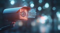 Security camera emitting digital data stream with red glow against blurred bokeh background, representing modern surveillance and data monitoring technology.
