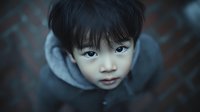 Young Asian boy in gray hoodie looking up at camera with innocent expression against blurred brick background for childhood and youth concepts.
