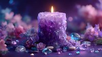 Purple crystal candle burning among flowers and gemstones, creating mystical atmosphere for meditation, spiritual practices, and wellness rituals.