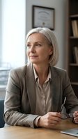 Mature woman with white hair wearing beige blazer and cream blouse, seated at wooden desk in modern office with bookshelves, looking away thoughtfully, professional business portrait.