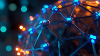 Glowing network structure with blue and orange nodes connected by lines against dark background, representing digital connectivity and technology innovation.