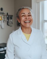 Joyful mature Hispanic female healthcare professional in white lab coat and yellow top laughing genuinely while standing in medical office near window.