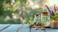 Aromatic lavender sprigs with glass jars and lit candle on wooden table against dreamy bokeh background, creating serene spa atmosphere.