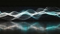Abstract digital wave pattern with flowing lines and particles on dark background for technology and science concepts.