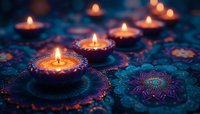 Glowing tea light candles on ornate mandala holders create magical atmosphere with vibrant blue and purple hues, perfect for spiritual and festive celebrations.