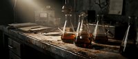 Scientist conducting chemical experiments with amber liquid in glass beakers and flasks on weathered laboratory bench under dramatic lighting in dark research setting.