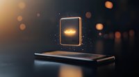 Futuristic smartphone with glowing holographic display floating above screen on dark background with bokeh lights and magical sparkles. Digital technology concept.