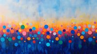 Vibrant multicolored circles float against deep blue and orange gradient background creating dreamy abstract composition for modern wall art and design projects.