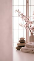Zen spa setting with stacked stones, soft towels and cherry blossom branches in vase near window creating peaceful wellness atmosphere for relaxation.