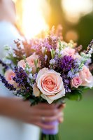 Romantic bridal bouquet with peach roses and purple lavender flowers in soft sunlight, held by bride outdoors. Wedding floral arrangement with delicate spring blooms.