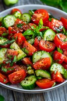 Fresh cucumber and cherry tomato salad with herbs and seasonings on rustic wooden table, close up view of colorful summer vegetable dish.
