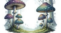 Whimsical mushroom forest with purple and green toadstools on white background, isolated clipart for design projects, children's illustrations, and creative compositions.