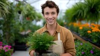 Young Caucasian male gardener in brown shirt and apron holding potted fern plant while working in vibrant greenhouse nursery with colorful flowers and plants in background.