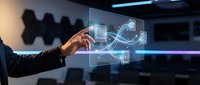 Businessman hand touching holographic digital interface with glowing data visualization and network connections for technology and innovation concepts.