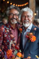 Mature gay couple at wedding celebration, wearing floral boutonnières and stylish attire. One in floral print jacket, other in navy suit. Both with silver hair, glasses and beards.