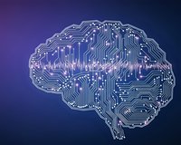 Digital brain circuit board design on purple blue gradient background representing artificial intelligence and neural networks in technology.