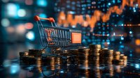 Shopping cart on stack of coins against financial chart background with blue and orange bokeh lights, representing e-commerce and digital retail market growth.