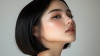 Young Asian woman with short bob haircut and natural makeup against neutral background, showcasing modern beauty trends.