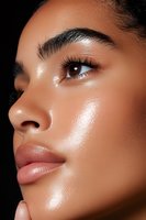 Close-up profile of African American woman's face showing glowing, dewy skin, defined eyebrows, and glossy nude lips against dark background. Perfect for beauty and skincare.