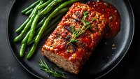 Homemade meatloaf with tomato sauce garnished with rosemary served with green beans on black plate, dramatic lighting for food photography.
