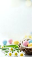 Colorful Easter eggs in wicker basket with spring daisies and green leaves on white wooden background with soft bokeh light for holiday celebrations.